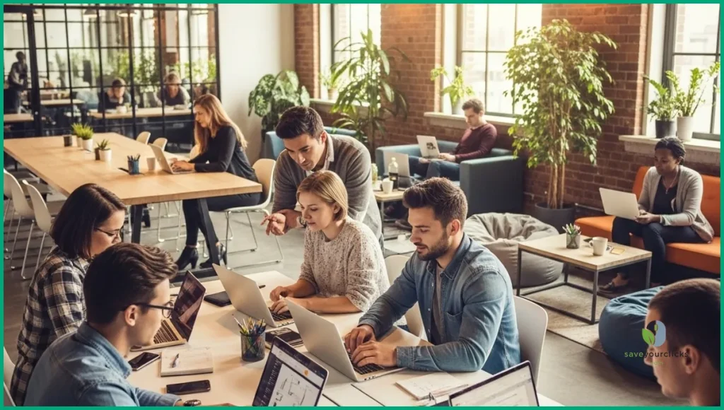 People at laptops sharing data in bright workspace