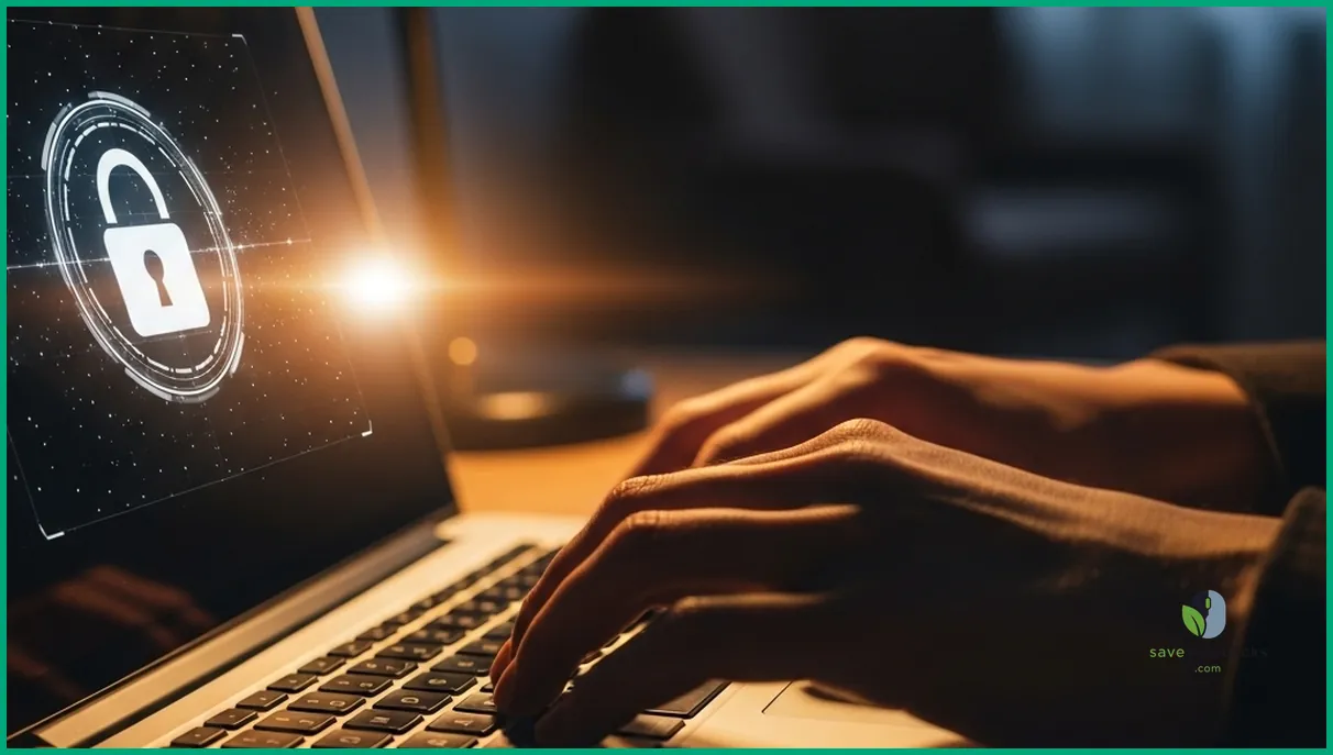 Hands typing on laptop with security icons overlay