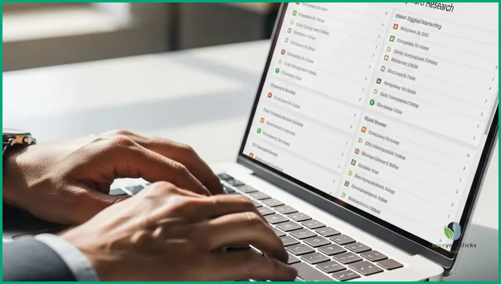 SEO specialist grouping keywords on a laptop