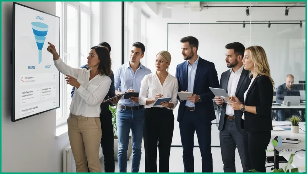 Marketing team planning B2B SEO funnel to build pipeline of ready buyers