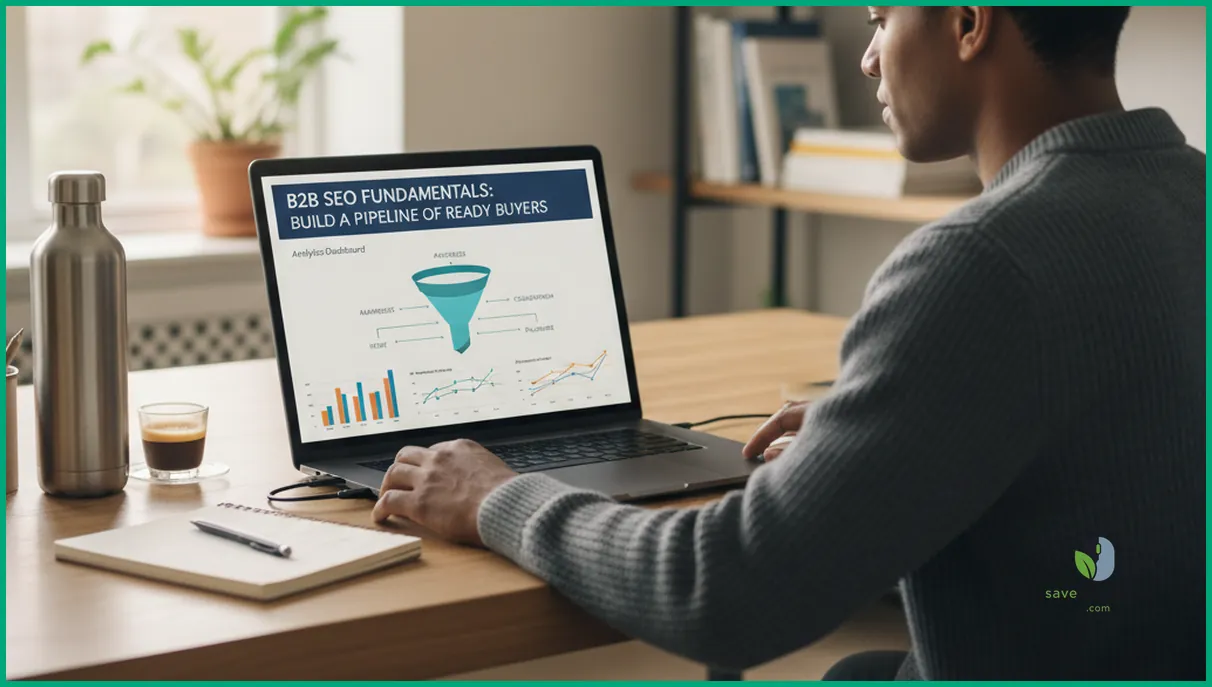 SEO specialist reviewing B2B SEO analytics dashboard to track pipeline growth