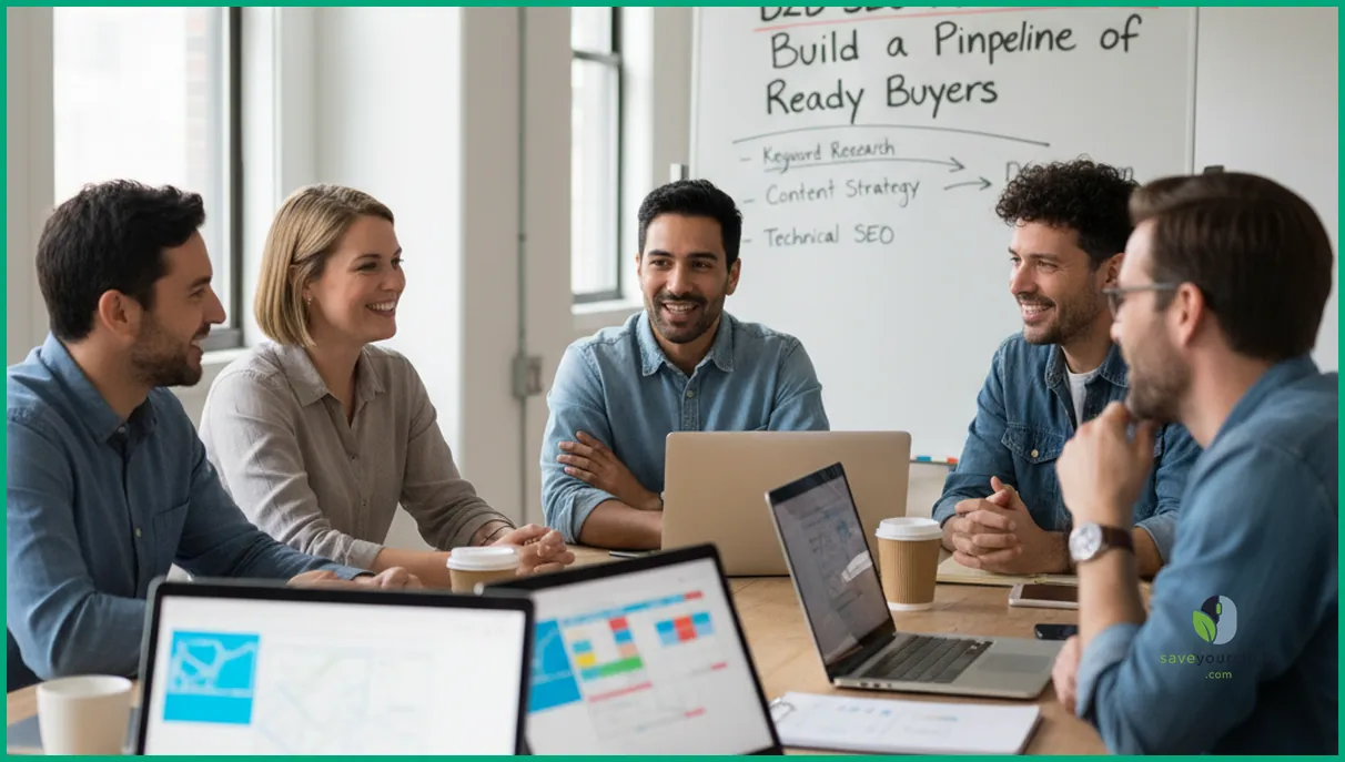 B2B SEO team collaborating on content strategy to attract ready buyers
