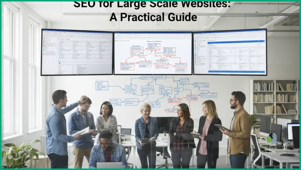 SEO specialists planning SEO for large scale websites on screens and whiteboard