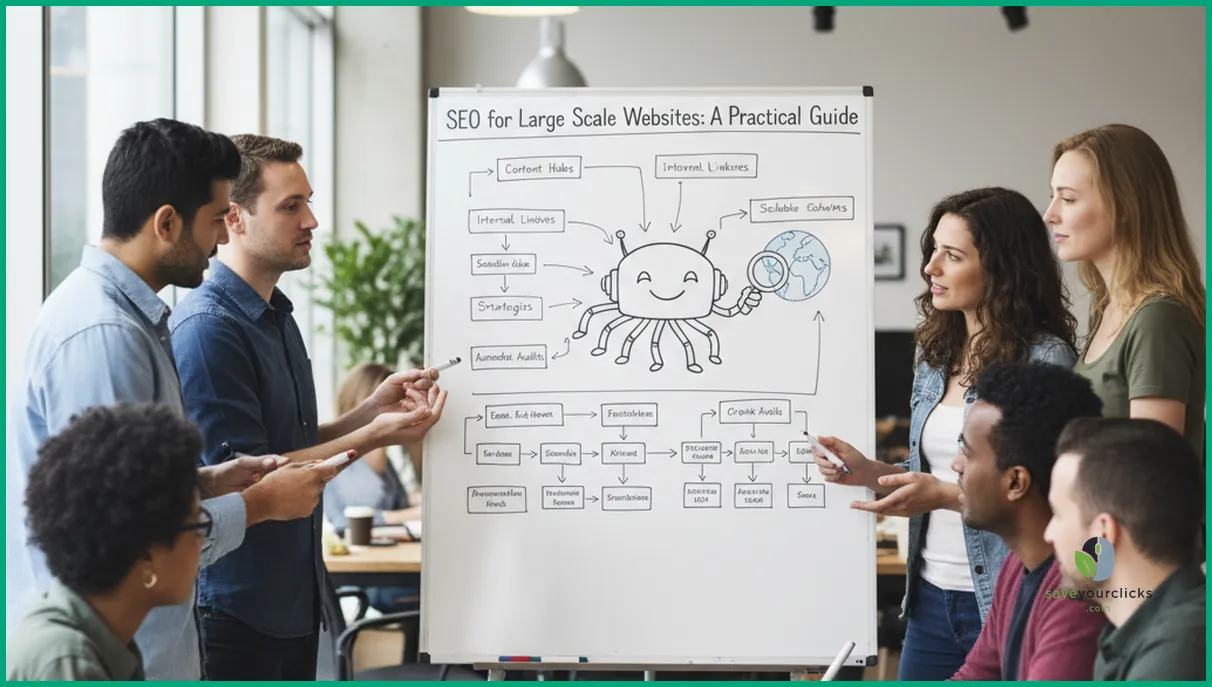 Team mapping SEO architecture for a large scale website on whiteboard