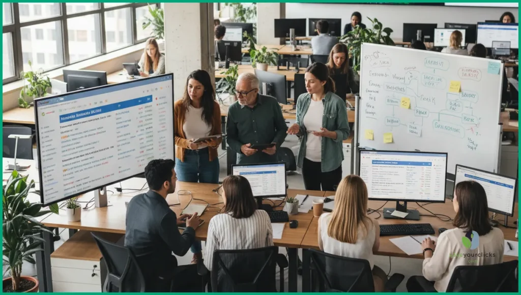 SEO specialists planning strategy for SEO for news website content in a modern newsroom