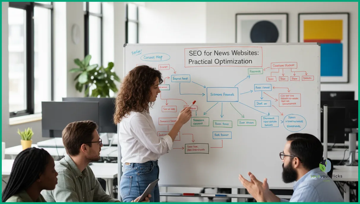 Editors and SEOs mapping SEO for news website workflows on a whiteboard
