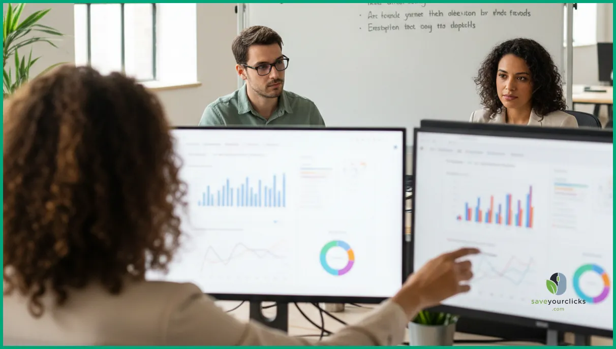 SEO analysts reviewing analytics dashboards to improve SEO for news website performance