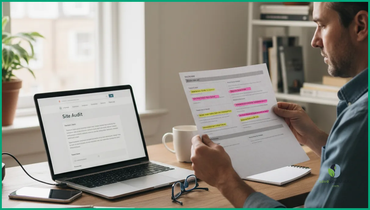 SEO expert auditing SEO for news website issues on a laptop in a quiet office