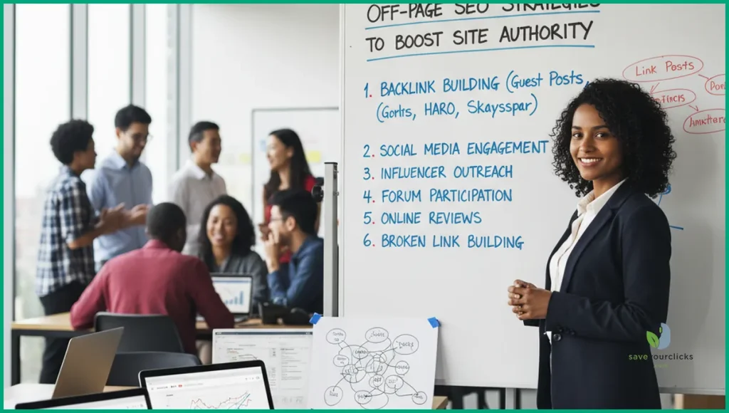 SEO strategist planning off page SEO strategies to boost site authority on a laptop