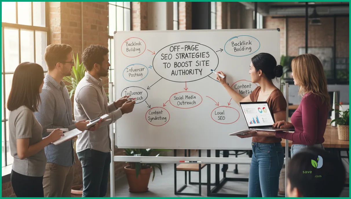 Marketing team mapping off page SEO workflow on a whiteboard in a modern office