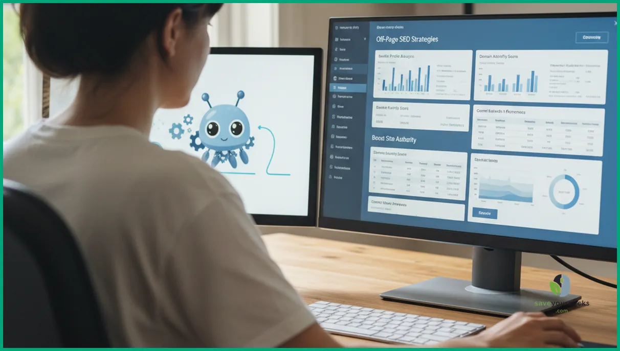 SEO specialist reviewing analytics dashboard to measure off page SEO impact on authority