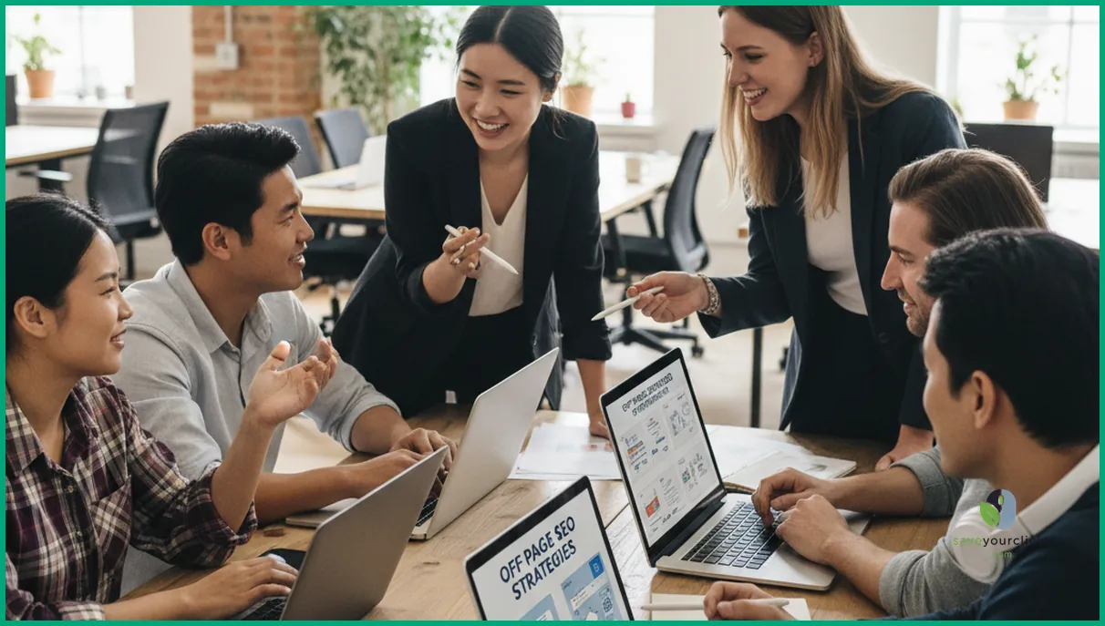Diverse marketing team collaborating on off page SEO strategies in a coworking space