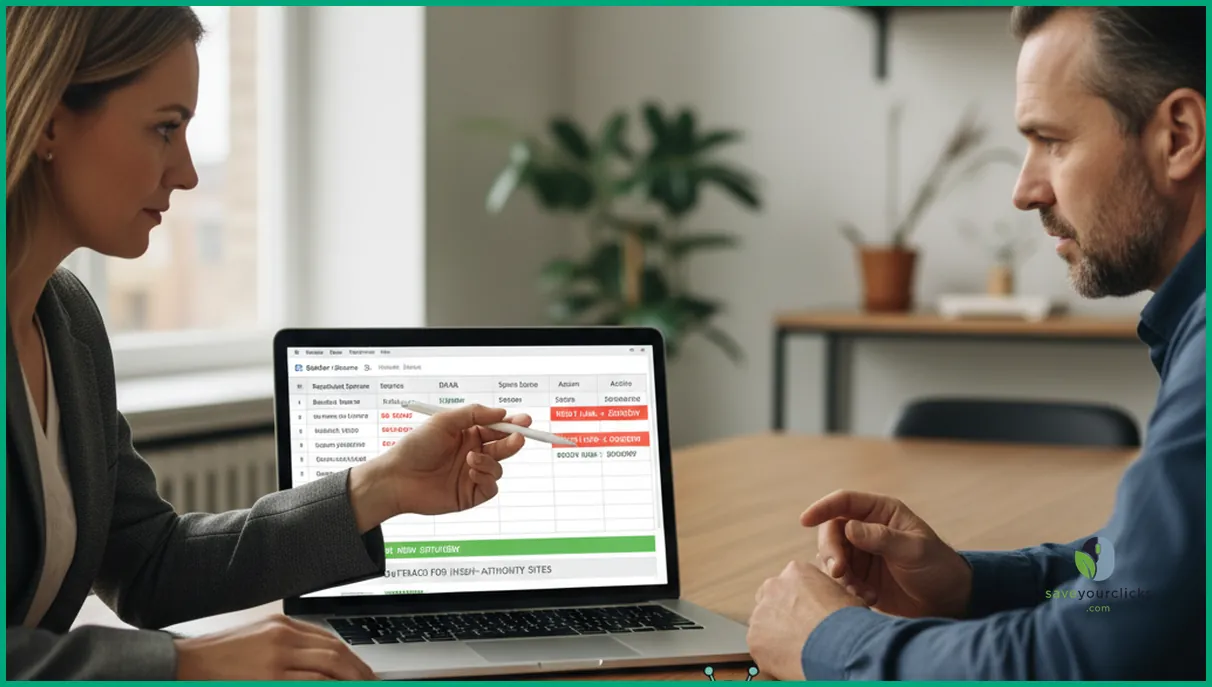 SEO consultant reviewing off page SEO audit showing risky backlinks and new opportunities