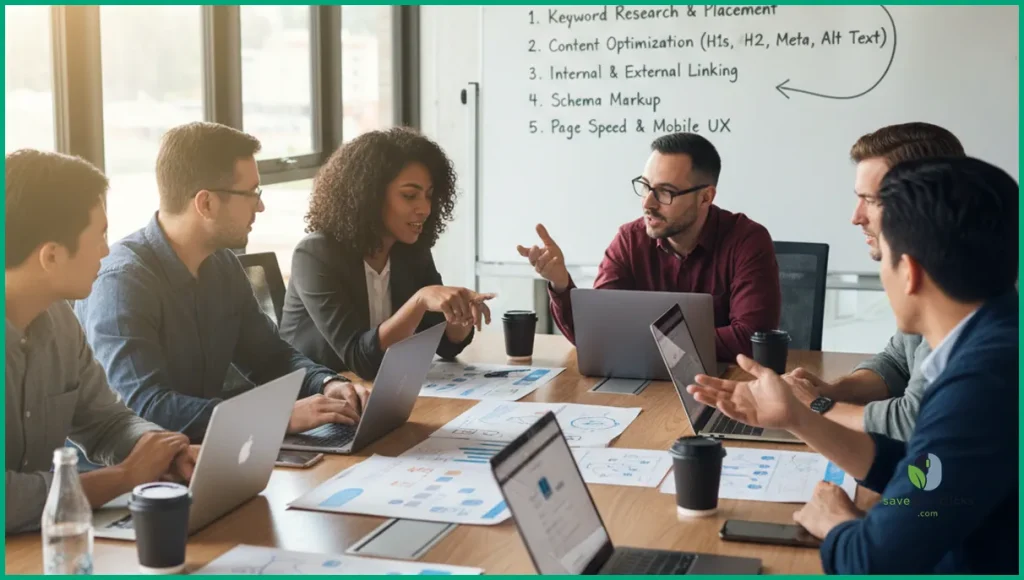 SEO specialists planning strategies for on page SEO in a modern office setting