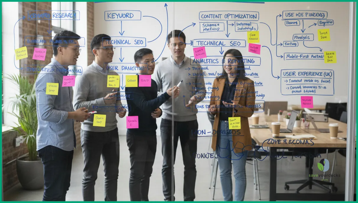 Marketers mapping an on page SEO workflow on a whiteboard in a collaborative office