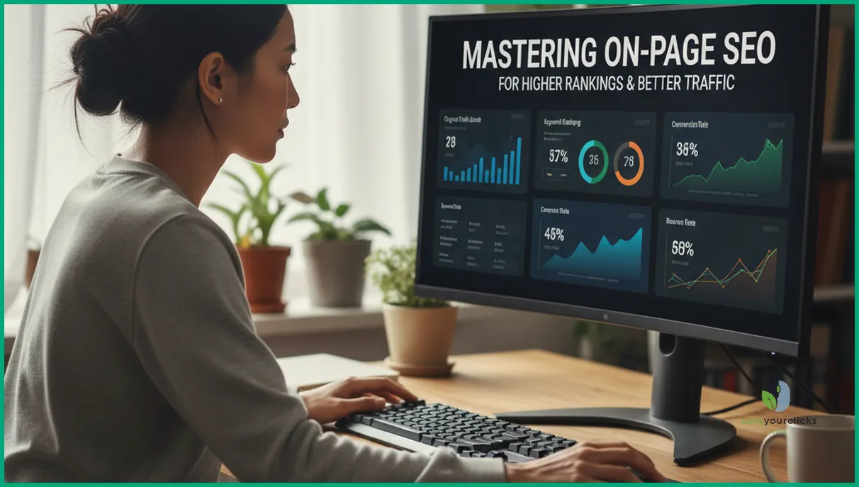 SEO specialist analyzing on page SEO metrics and dashboards on a computer monitor