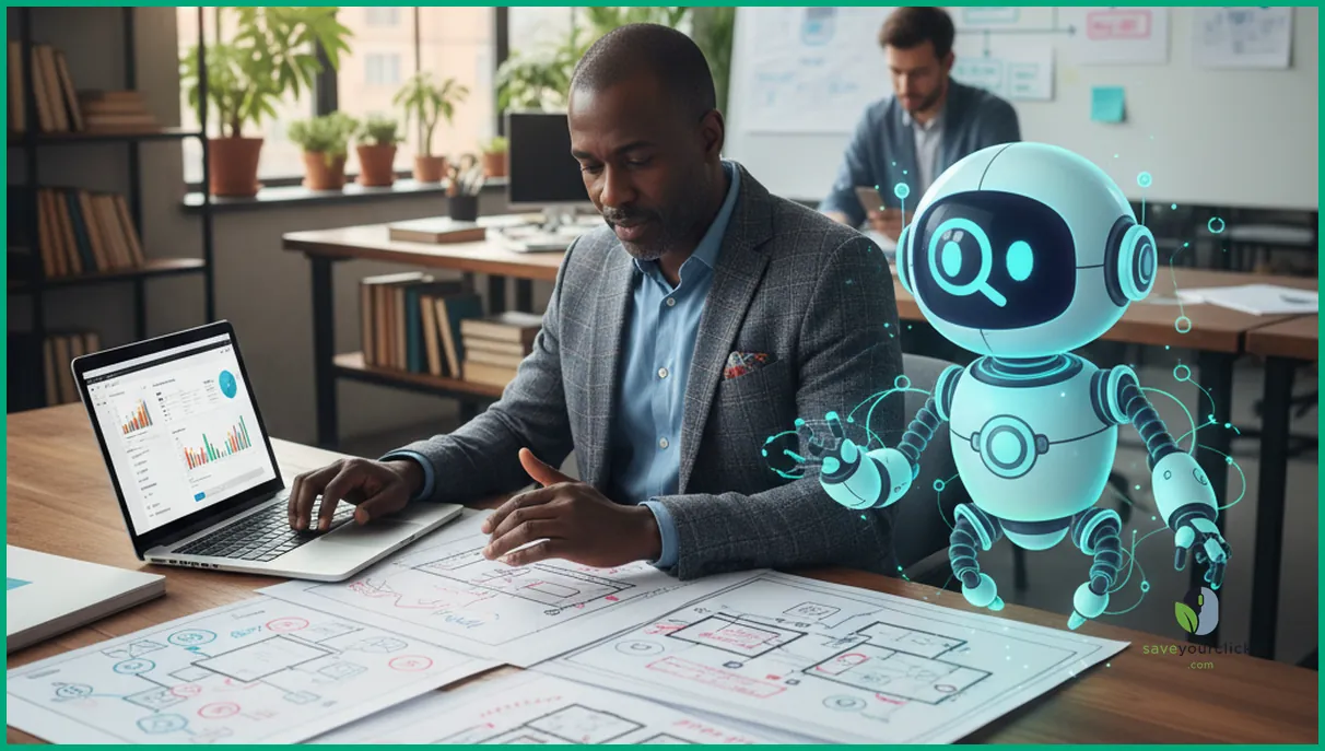 SEO specialist conducting an on page SEO audit with site diagrams and a search engine robot