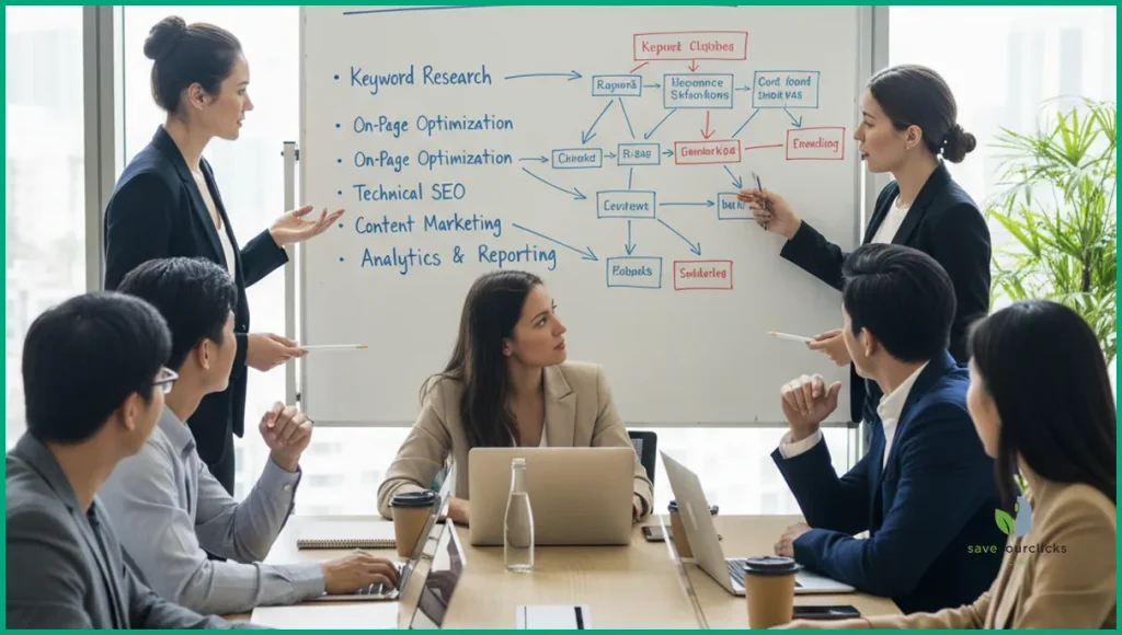 Modern office scene showing digital marketers optimizing an e-commerce website for SEO, discussing strategies on laptops and whiteboards, focused on boosting sales.