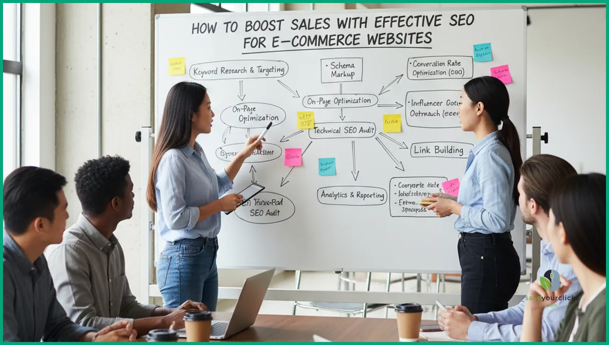 متخصصان سئو در حال نقشه‌برداری استراتژی سئو تجارت الکترونیک روی تخته سفید با استفاده از نمودارها برای برنامه‌ریزی ساختار سایت و هدف‌گیری کلمات کلیدی برای رشد فروش.