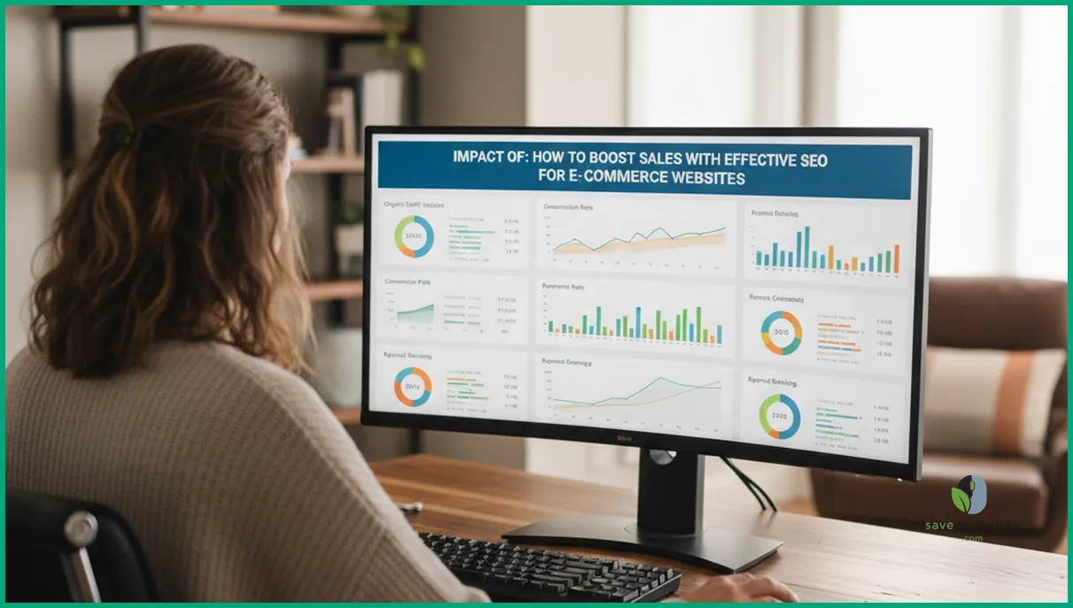 متخصص سئو در حال بررسی داشبورد تحلیل تجارت الکترونیک و تحلیل تأثیر فروش از بهبودهای جستجوی ارگانیک در فضای کاری مدرن.