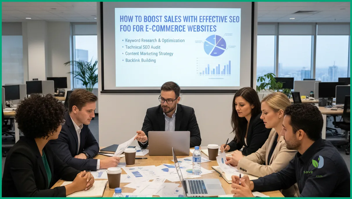 تیم متنوعی از بازاریابان و توسعه‌دهندگان در جلسه‌ای برای بهبود سئو وب‌سایت تجارت الکترونیک همکاری می‌کنند و دور میز کار می‌کنند.
