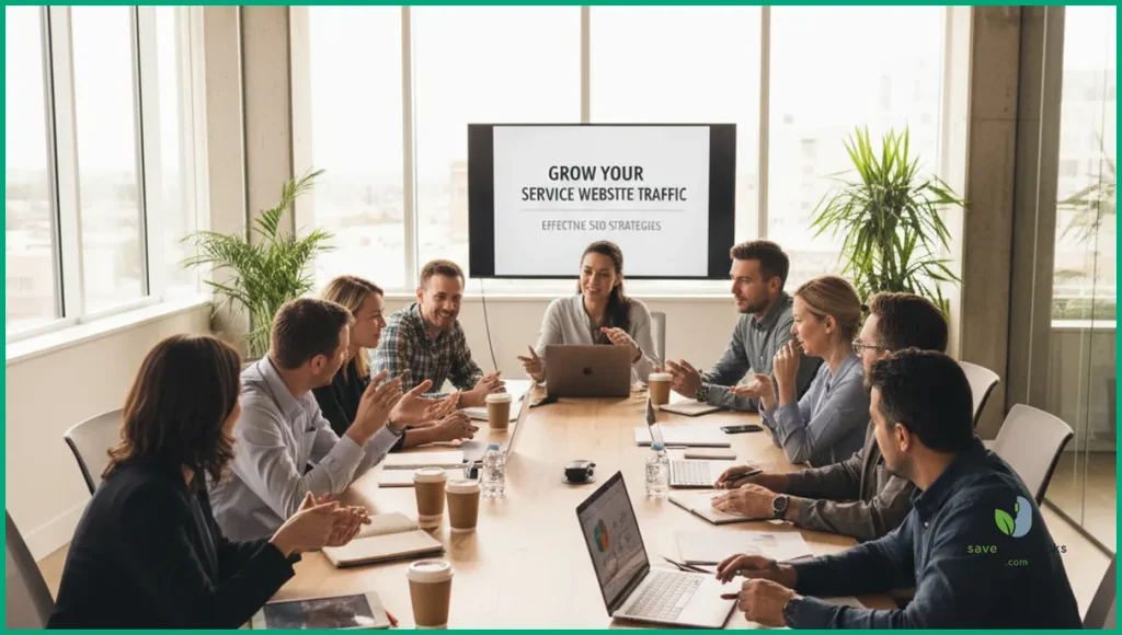 Modern office scene with SEO team planning strategies for service website traffic growth