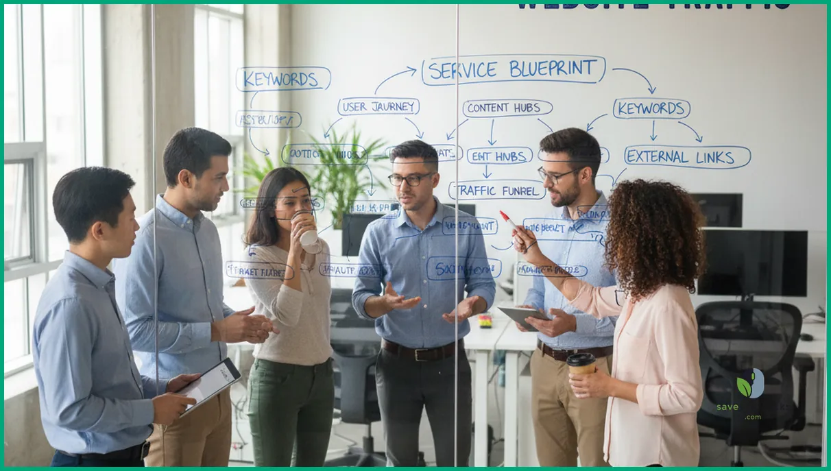 SEO specialists mapping service website structure on a whiteboard in a bright office