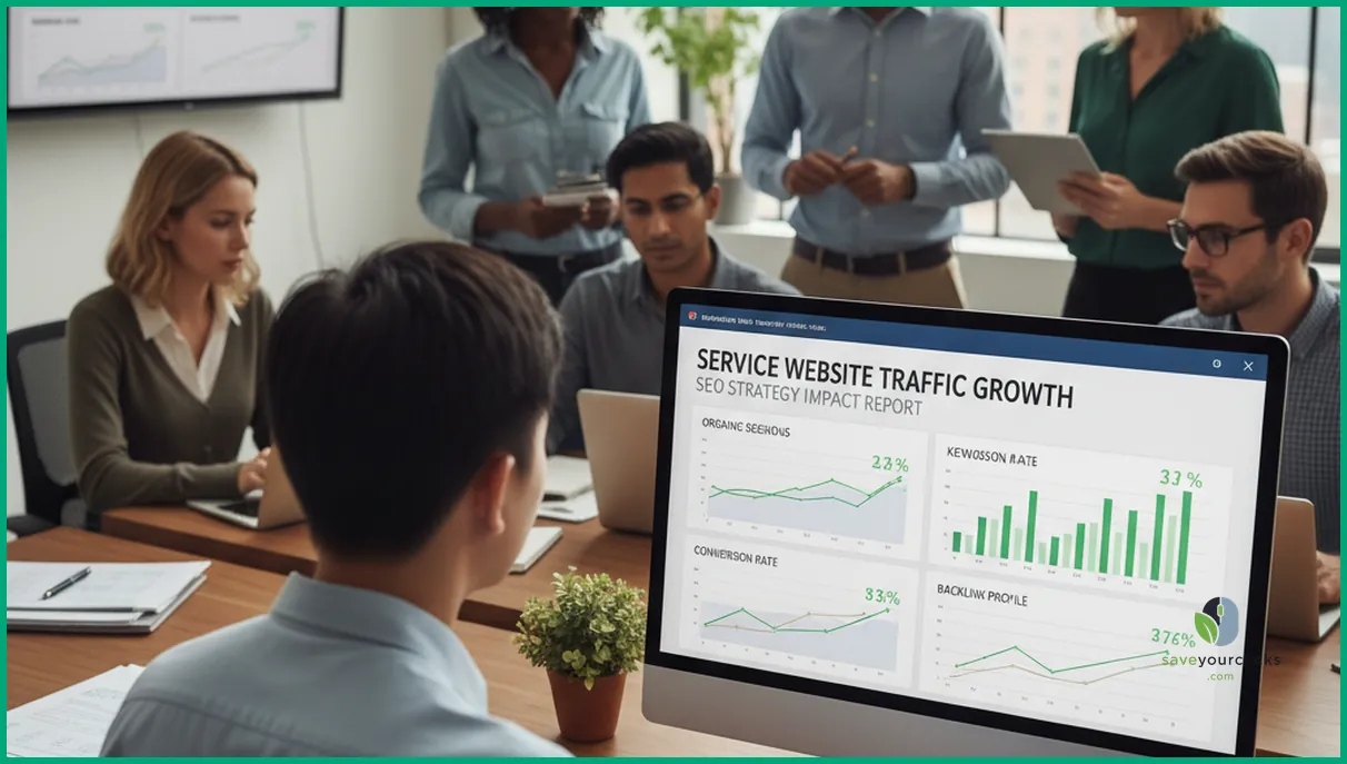SEO specialists analyzing dashboards and metrics for service website traffic growth in a modern workspace