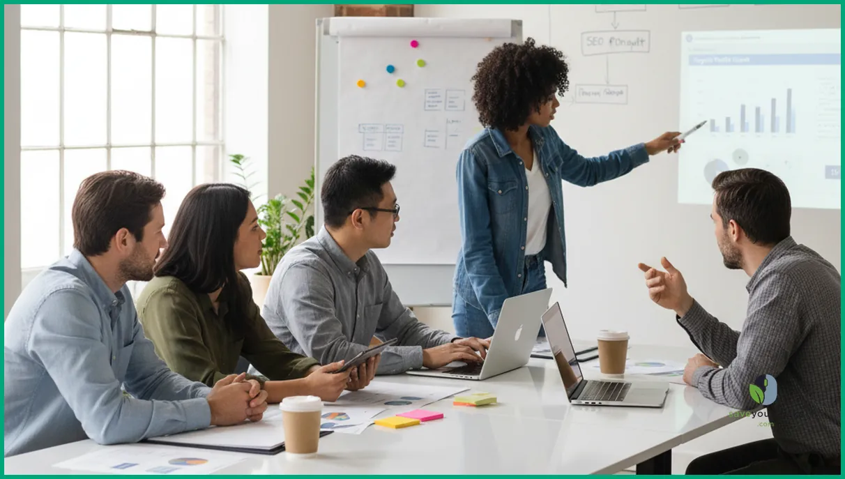 Diverse team of marketers and SEOs collaborating on service website SEO strategy in a bright meeting room