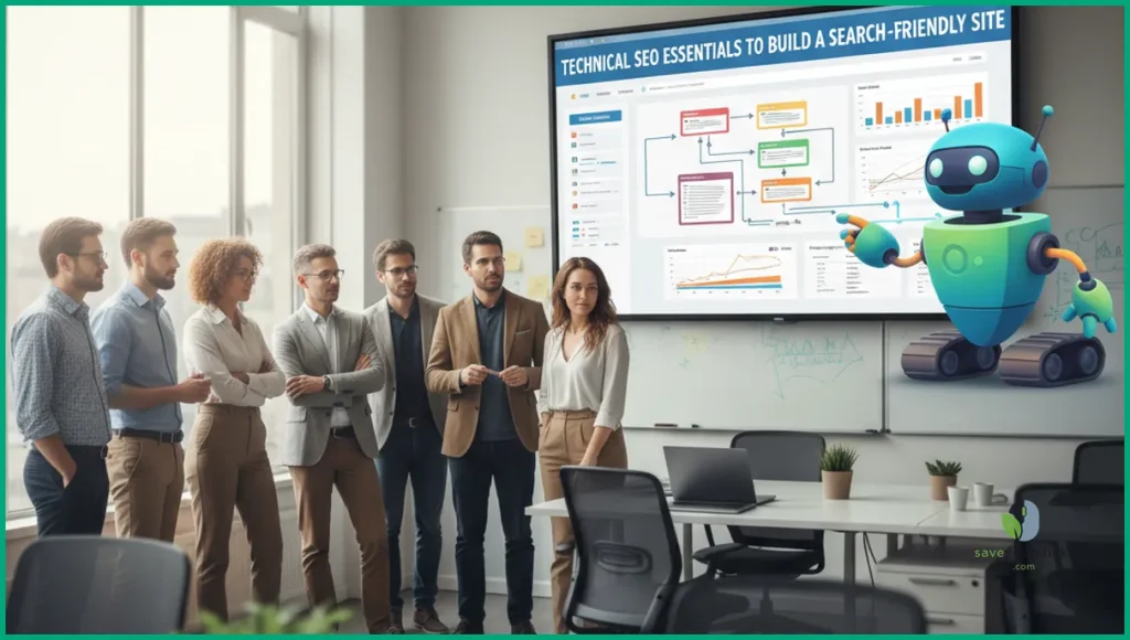 SEO specialist reviewing technical SEO essentials on a laptop to build a search-friendly site