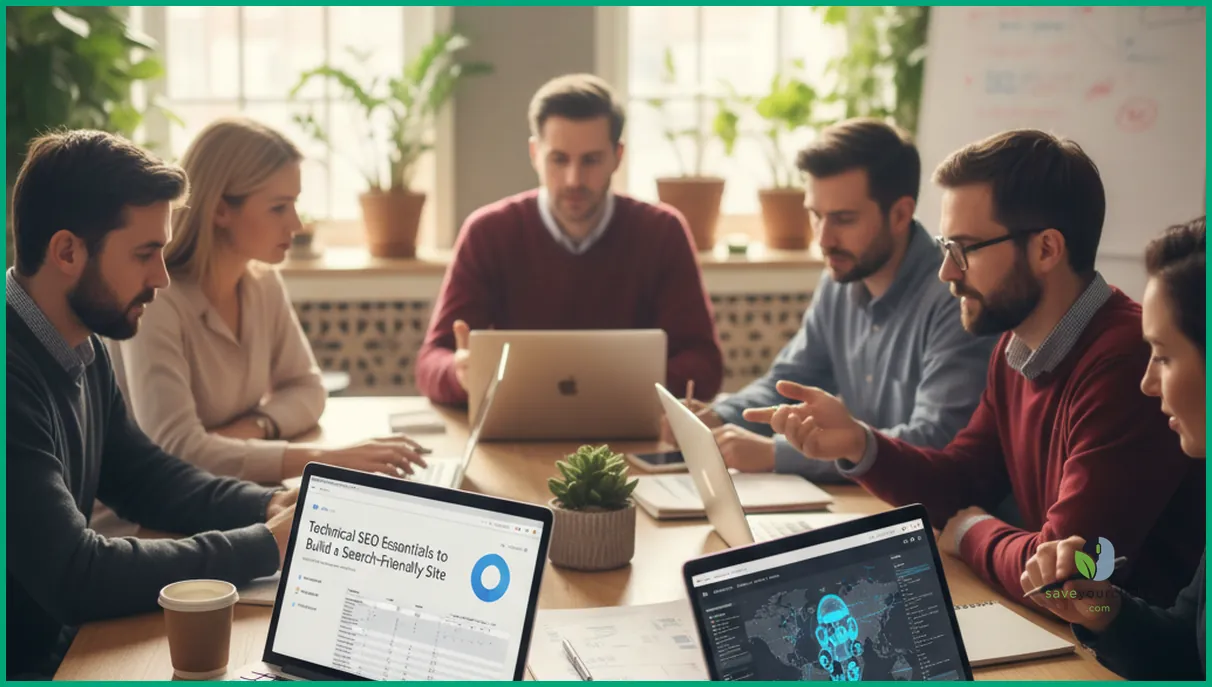 SEO analysts reviewing technical SEO metrics and dashboards for a search-friendly site