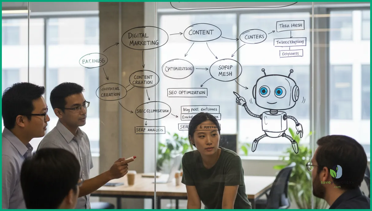 استراتژیست‌های محتوا در حال طراحی چارچوب اقتدار موضوعی برای یک وب‌سایت، نقشه‌برداری خوشه‌های موضوعی روی دیوار شیشه‌ای، فضای کاری مدرن.