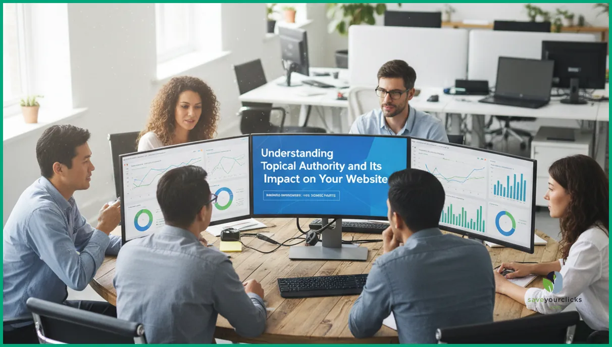 متخصصان سئو در حال تحلیل داشبوردهای آنالیز وب‌سایت برای ارزیابی تأثیر اقتدار موضوعی، نور روز، تیم متنوع.