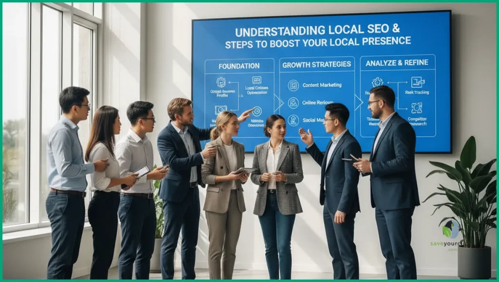Modern office scene with SEO specialists discussing local SEO strategies on a wide screen, highlighting key steps to boost local presence.