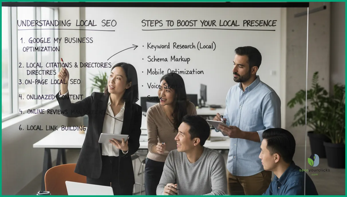 Team of marketers mapping out a local SEO workflow on a whiteboard in a modern office, focusing on steps to boost local presence.