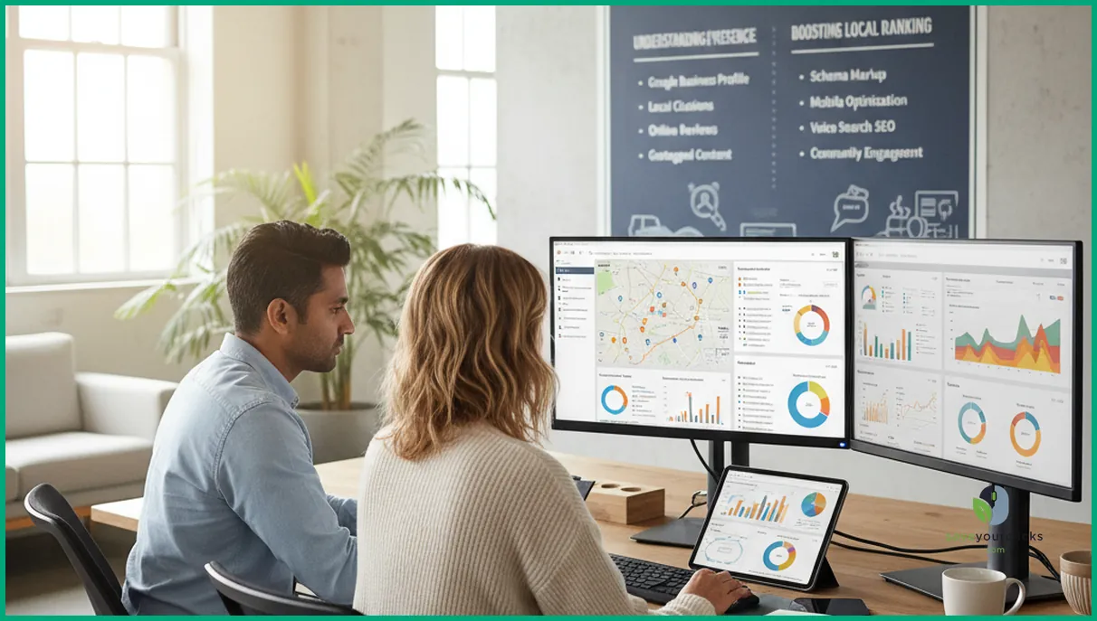 SEO specialists analyzing local SEO analytics dashboards in a bright office, focusing on measuring the impact of local SEO efforts.