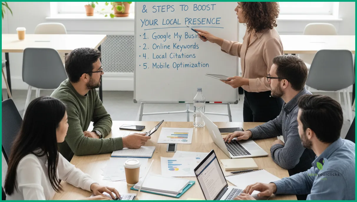 Diverse team of marketers collaborating on local SEO strategy in a co-working space, discussing ways to boost local presence.