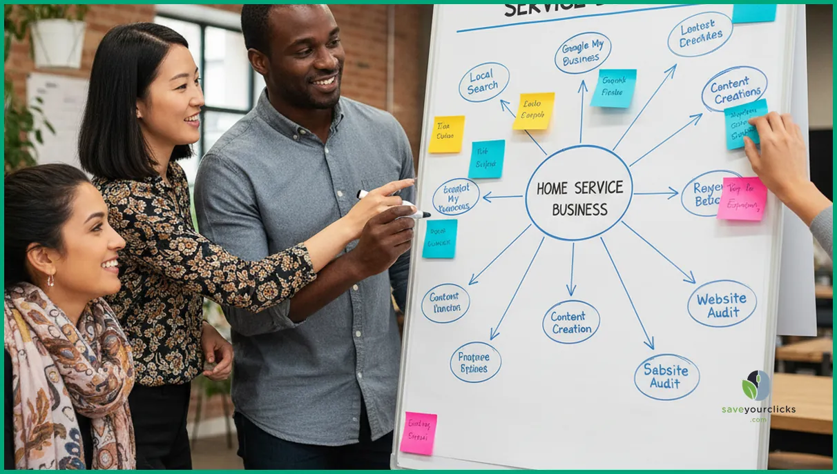 متخصصان سئو در حال برنامه‌ریزی جریان کاری استراتژی سئو برای کسب‌وکار خدمات خانگی روی وایت‌برد