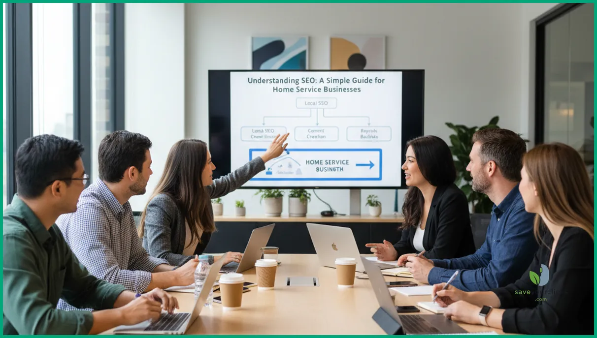 تیم بازاریابی متنوع در جلسه آژانس روی استراتژی سئو برای شرکت خدمات خانگی همکاری می‌کند