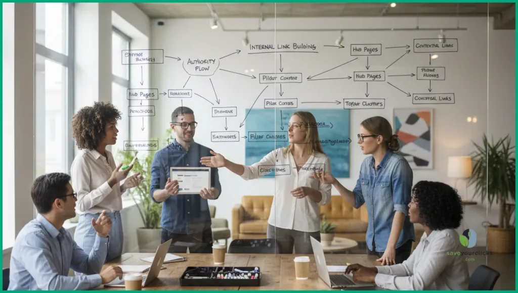 SEO strategist mapping internal link building strategies on a whiteboard to boost website rankings