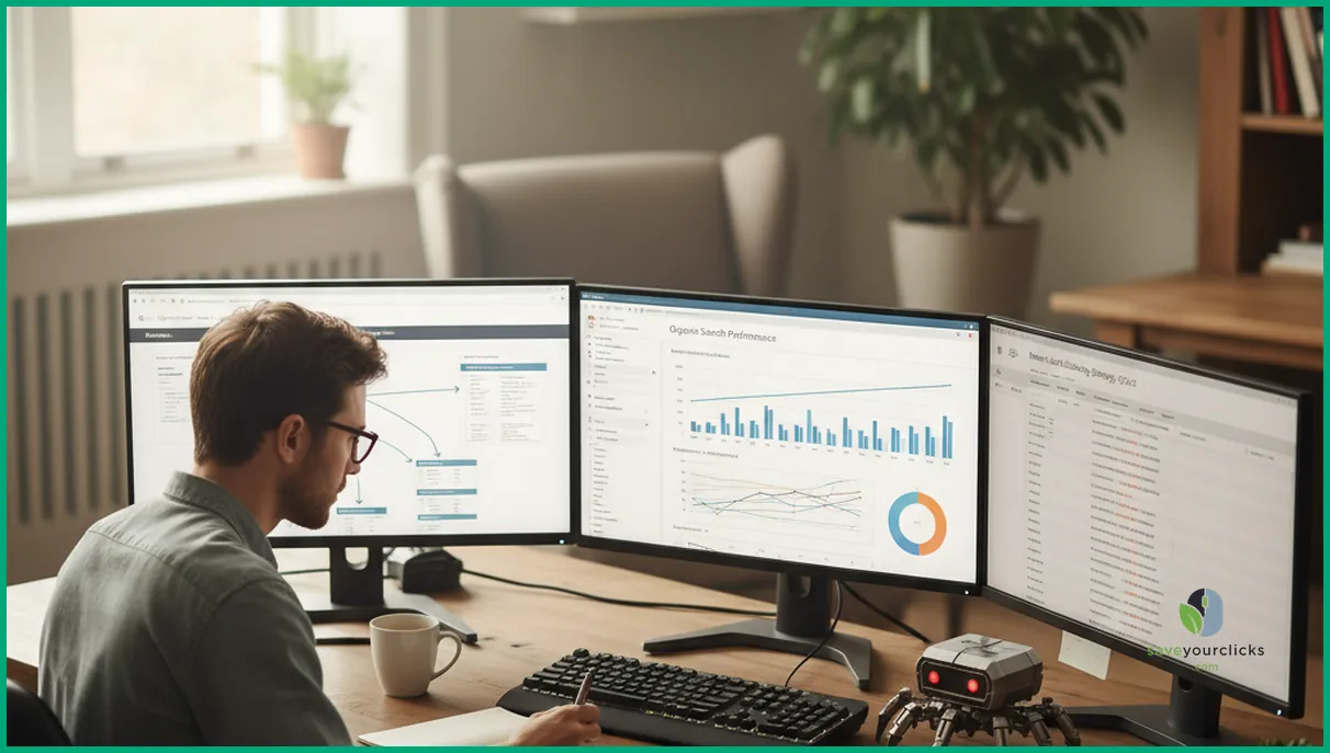 SEO analyst reviewing dashboards to evaluate internal link building impact on organic performance