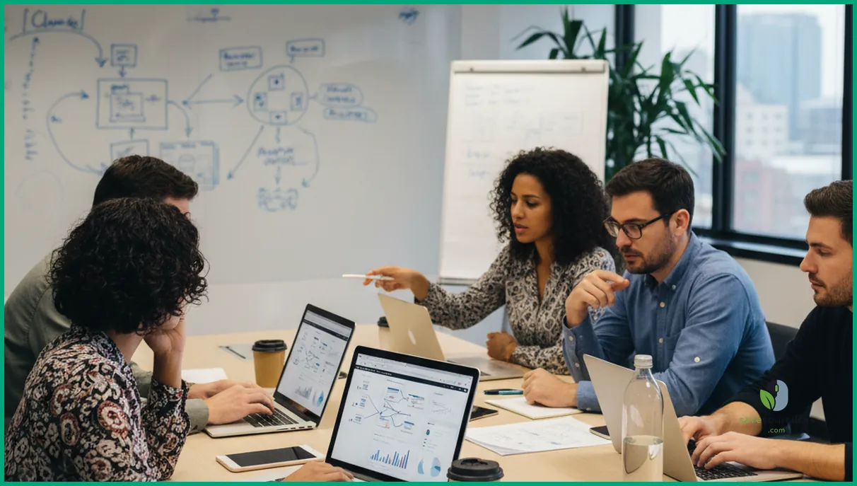 Marketing team collaborating on internal link building strategy around a conference table with laptops