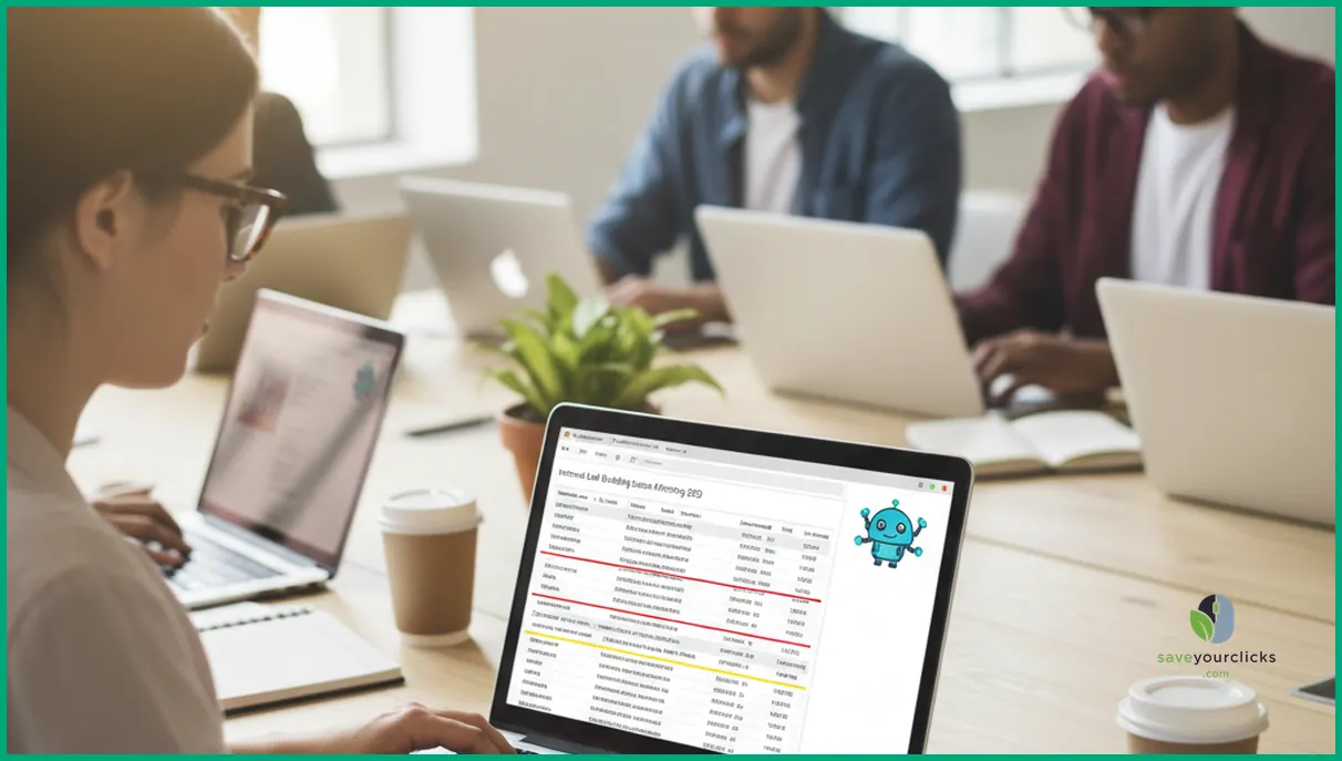 SEO specialist auditing internal link building issues on a laptop, highlighting broken and orphaned pages