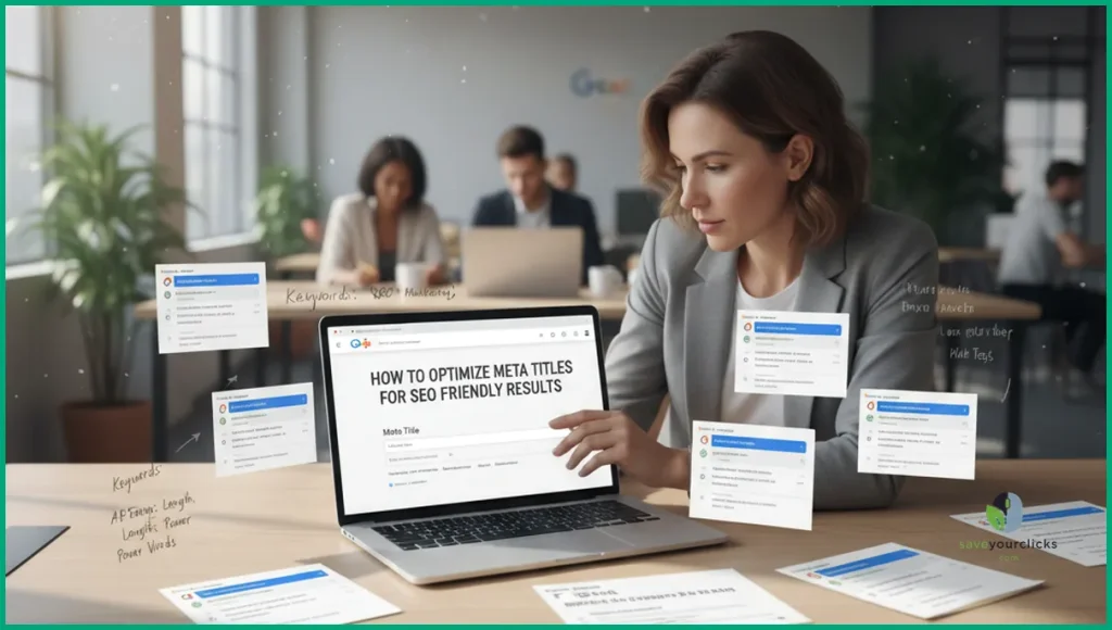 SEO specialist refining meta titles on a laptop to improve search friendly results