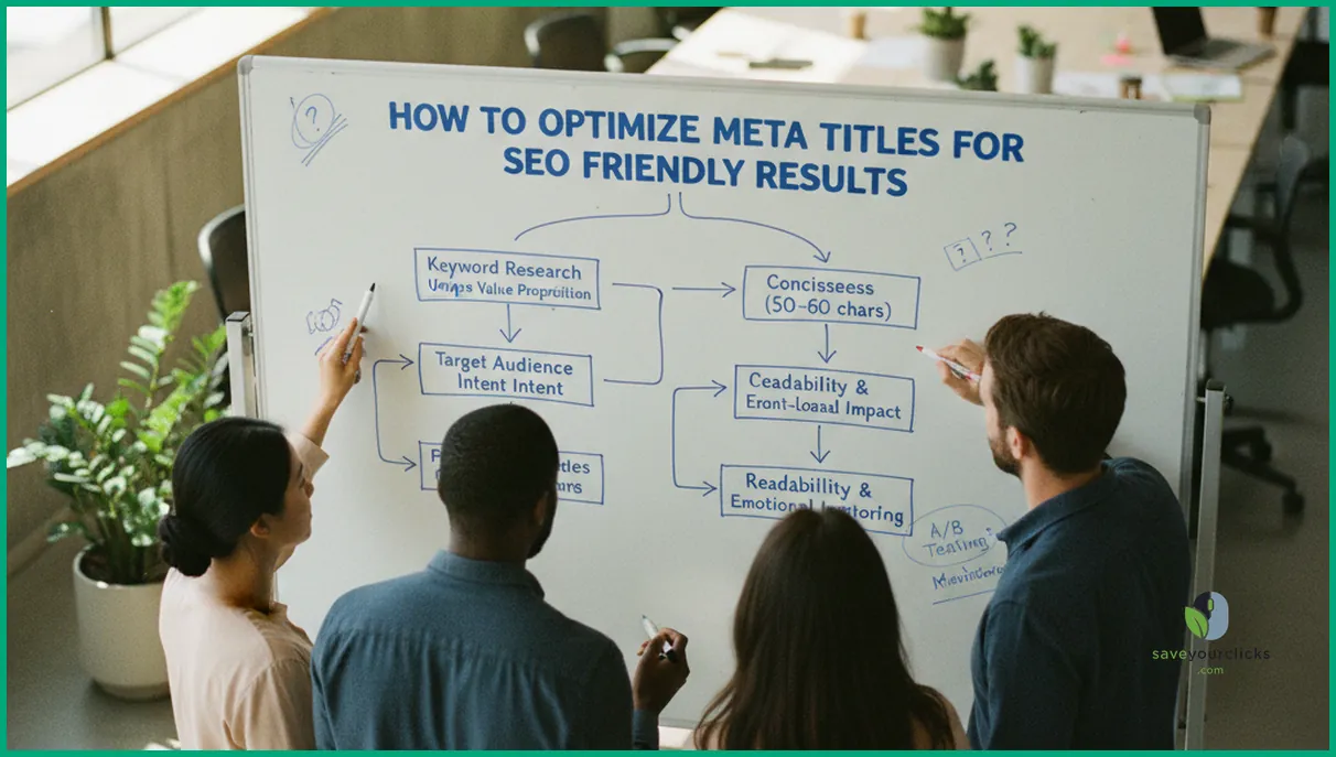 Marketing team mapping a workflow for SEO friendly meta title optimization on a whiteboard