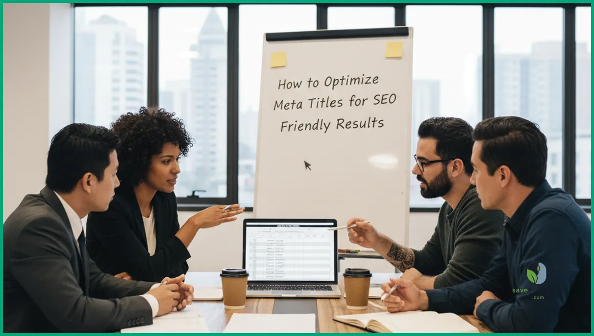 Diverse SEO team collaborating on fixing common meta title mistakes in an office