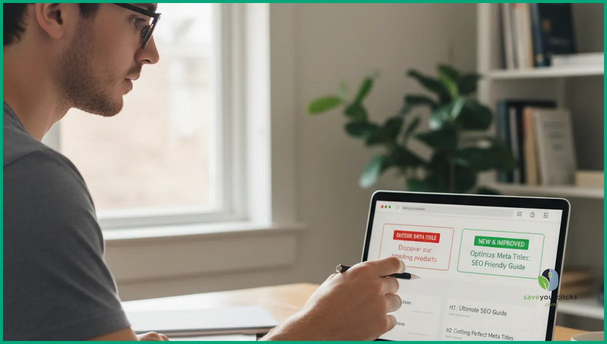 SEO consultant auditing meta titles and on-page content for consistency and search friendliness