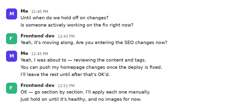 Slack thread: agreeing to apply SEO changes section by section once the deploy is fixed