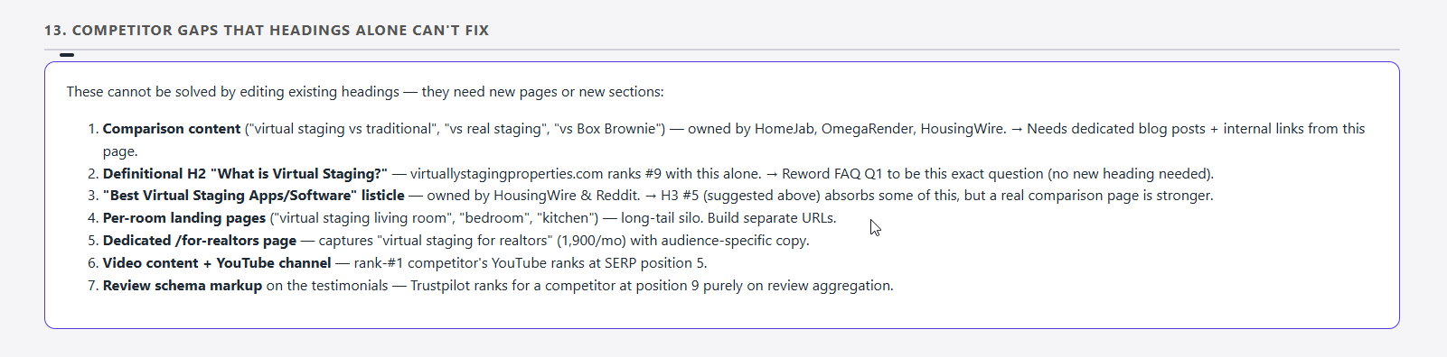 Screenshot of the review document showing the bottom SEO content block — an H2 and five H3s all written about a different product than the page's actual topic.