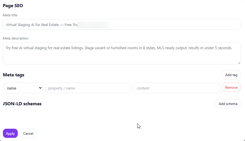 Screenshot of the CMS Page SEO panel showing empty Meta tags section and empty JSON-LD schemas section.